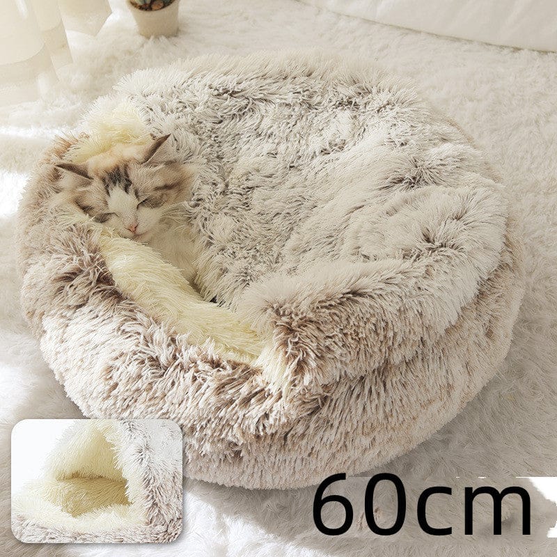 shop.plusyouclub 0 Hair Brown Pet Bed Round Plush Warm Bed House Soft Long Plush Bed  2 In 1 Bed