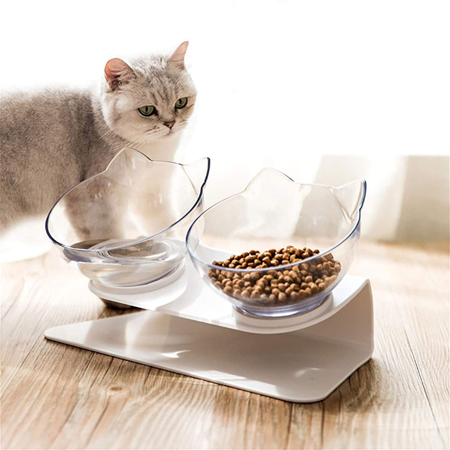 shop.plusyouclub 0 Non Slip Double Cat Bowl With Raised Stand Pet Food Cat Feeder Protect Cervical Vertebra Dog Bowl Transparent Pet Products
