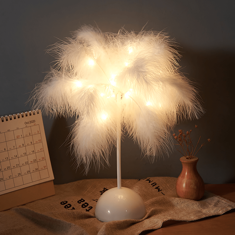 shop.plusyouclub 0 White Battery Feather Table Lamp
